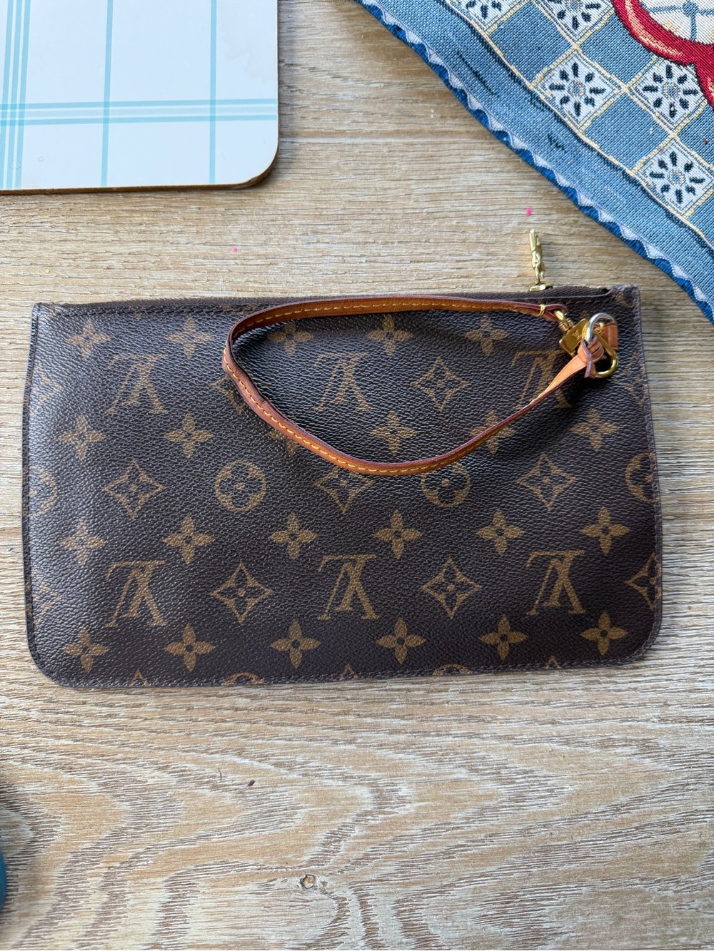 Louis Vuitton Monogram Canvas Wristlet Pouch Brown with Tan Strap